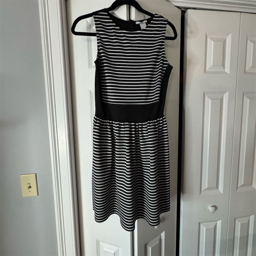 Bar III Women's Black & White Striped Fit & Flare Dress Knee Length